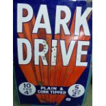 A VINTAGE ENAMEL ADVERTISING SIGN FOR PARK DRIVE, PLAIN OR CORK TIPPED. 51 x 78cms.