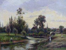 E.WALBOURN. 19th.C.ENGLISH SCHOOL. HAYING BY THE RIVER, SIGNED AND DATED 1891, OIL ON CANVAS. 36 x