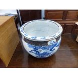 A LARGE ORIENTAL BLUE AND WHITE CRACKLE GLAZE JARDINIERE. Dia. 38cms.