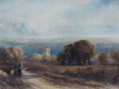 ATTRIB. TO DAVID COX. (1783-1859) FIGURES ON A RURAL TRACK WITH CHURCH IN THE DISTANCE, SIGNED