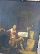 OLD MASTER SCHOOL. SCRIBE IN AN INTERIOR, OIL ON PANEL. 53.5 x 41.5cms.