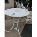 AN ANTIQUE FRENCH WHITE PAINTED WROUGHT IRON BISTRO TABLE WITH SCROLL SUPPORTS. TOP Dia.80cms.