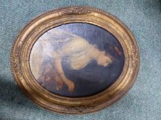 19th.C.SCHOOL. AN OVAL PORTRAIT OF LADY PAINTING, OIL ON CANVAS LAID DOWN. 27 x 22cms.