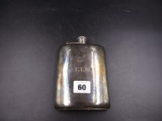 A SILVER HALLMARKED 8oz HIPFLASK WITH HINGED SCREW TOP COVER, INITIAL ENGRAVED FRONT, DATED 1941