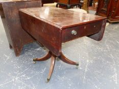 A 19th.C.MAHOGANY DROP LEAF PEDESTAL LIBRARY TABLE ON INLAID SABRE LEGS. L.92 x H.71cms.