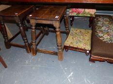 TWO OAK JOINT STOOLS, A LONG FENDER STOOL, TWO FOOTSTOOLS AND A 19th.C.MAHOGANY TWO TIER WASHSTAND