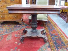 A WM.IV. ROSEWOOD FOLD OVER CARD TABLE WITH OGEE MOULDED FRIEZE, CARVED TURNED COLUMN AND SCROLL