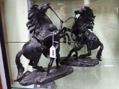 A PAIR OF LATE 19th./EARLY 20th.C. BRONZE MARLEY HORSE FIGURES OF REARING STALLIONS ON PLINTH BASES.