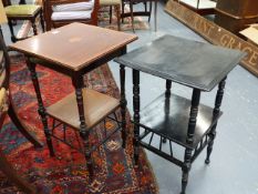 A LATE VICTORIAN ARTS AND CRAFTS MAHOGANY AND INLAID TWO TIER OCCASIONAL TABLE IN THE MANNER OF