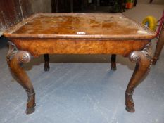 AN ANTIQUE WALNUT TRAY TOP LOW TABLE ON Geo.I.STYLE CARVED LEGS WITH HAIRY HOOF FEET. 60 x 45 x H.