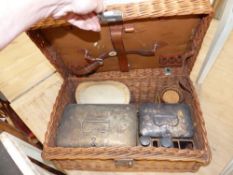 A VNTAGE DREW & SONS WICKER PICNIC BASKET WITH PARTIALLY FITTED INTERIOR. OVERALL W.46cms.