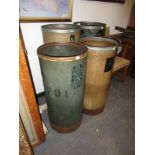 A GROUP OF FOUR VINTAGE NOTON CYLINDRICAL TEXTILE BINS. LARGEST H.100 x Dia.42cms.