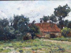 CHRIS VAN DER WINDT. (1877-1952) A RURAL FARMHOUSE, SIGNED OIL ON BOARD. 29 x 50cms.
