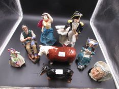 FIVE ROYAL DOULTON FIGURES, A DACHSUND, LAWYER CHARACTER JUG AND A BESWICK CHAMPION BULL FIGURE, THE