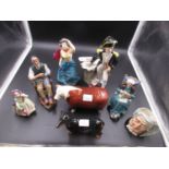 FIVE ROYAL DOULTON FIGURES, A DACHSUND, LAWYER CHARACTER JUG AND A BESWICK CHAMPION BULL FIGURE, THE