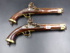 A PAIR OF 18th.C.FLINTLOCK CAVALRY PISTOLS, LOCKS ENGRAVED WITH LION RAMPANT, PLAIN STEEL SMOOTH