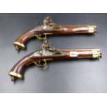 A PAIR OF 18th.C.FLINTLOCK CAVALRY PISTOLS, LOCKS ENGRAVED WITH LION RAMPANT, PLAIN STEEL SMOOTH