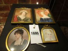 FOUR 19th.C.PORTRAIT MINIATURES IN SIMILAR GILT METAL FRAMES, THREE OF LADIES AND THE SMALLEST OF