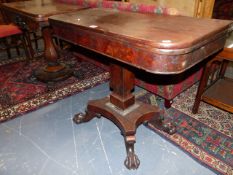 TWO EARLY 19th.C.FOLD OVER CARD TABLES, THE FIRST, ROSEWOOD ON SHAPED OCTAGONAL COLUMN BASE, THE