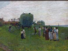 ATTRIB. TO SAMUEL J.LAMORNA BIRCH. (1869-1955) ARR. THE GLEANERS, OIL ON CANVAS, INSCRIBED VERSO. 31