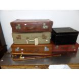 VARIOUS VINTAGE LEATHER AND OTHER SUITCASES TOGETHER WITH A TIN DEED BOX AND FIVE WALKING STICKS.