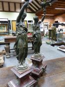 A PAIR OF LATE 19th.C.FRENCH BRONZE AND MARBLE CANDLESTICKS/ LAMPS IN THE FORM OF CLASSICAL MAIDENS.