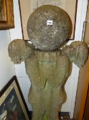A LARGE ART DECO COMPOSITE STONE STATUE OF CHILDREN SUPPORTING A SPHERE. APPROX. H. 140cms.