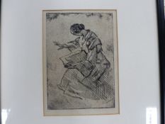LADY EDNA CLARKE HALL. (1879-1979) A LADY SEATED WITH RIGHT ARM OUTSTRETCHED, ETCHING SIGNED IN