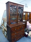 AN EARLY 19th.C. MAHOGANY SECRETAIRE WITH ASTRAGAL GLAZED BOOKCASE OVER FITTED FALL FRONT DRAWER AND