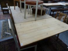 AN ANTIQUE NORTH EUROPEAN PINE DRAW LEAF DINING TABLE ON SQUARE TAPERED LEGS.W.118 x L.150cms.