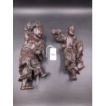 TWO CHINESE ROOT WOOD FIGURES, ONE OF LIU HAI WITH A COIN RAISED ABOVE HIS HEAD AND THE OTHER OF THE