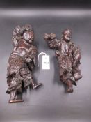 TWO CHINESE ROOT WOOD FIGURES, ONE OF LIU HAI WITH A COIN RAISED ABOVE HIS HEAD AND THE OTHER OF THE