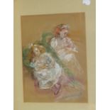 F.G.RADZIWILL. 20th.C.SCHOOL. ARR. TWO GIRLS WITH THEIR DOLLS, SIGNED PASTEL AND PENCIL. 30 x 23cms.
