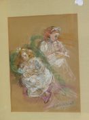 F.G.RADZIWILL. 20th.C.SCHOOL. ARR. TWO GIRLS WITH THEIR DOLLS, SIGNED PASTEL AND PENCIL. 30 x 23cms.