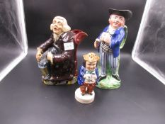 A SAILOR TOBY JUG, THE NIGHTWATCHMAN AND A STAFFORDSHIRE POTTERY TOBY FIGURAL CASTER. TALLEST.H.