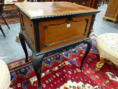 AN EDWARDIAN MAHOGANY AND EBONISED DRINKS CABINET WITH CANTILEVER ACTION RISING INTERIOR TRAY. 66