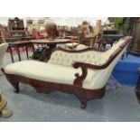 A 19th.C.NORTH EUROPEAN CHAISE LONGUE WITH MAHOGANY SHOW FRAME AND BUTTON UPHOLSTERY. L.210cms.