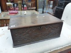 AN 18th.C.AND LATER OAK BIBLE BOX WITH CARVED FRONT PANEL. 58 X 38 x H.22cms.