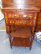 A 19th.C. DUTCH MARQUETRY INLAID WORK TABLE WITH BI-FOLD TOP OVER TWO DRAWERS AND TWO LOWER TIERS.