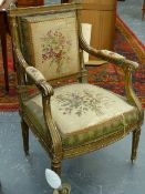 A PAIR OF FRENCH LOUIS XVI STYLE GILTWOOD ARMCHAIRS WITH TAPESTRY SEATS.