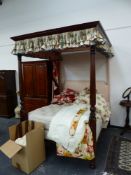 A VICTORIAN AND LATER FOUR POSTER BED WITH GOOD QUALITY BESPOKE BASE AND MATTRESS, DRAPES AND PLEATE