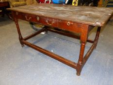 AN 18th.C.OAK WRITING TABLE WITH CLEATED END, PLANK TOP OVER SINGLE FRIEZE DRAWER AND TWO CANDLE