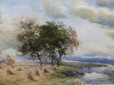 J.HAMILTON GLASS. (F.1890-1025) HAYMAKING AND RIVER SUNSET, BOTH SIGNED WATERCOLOURS. 34 x 51cms. (