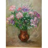 20th.C.RUSSIAN SCHOOL. A PAIR OF FLORAL STILL LIFES, BOTH INITIALLED N.L. OIL ON CANVAS, EXTENSIVELY