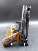 A WEBLEY & SCOTT SERVICE POST WAR AIR PISTOL WITH BESPOKE ENGRAVED DECORATION AND CHEQUERED WALNUT