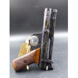 A WEBLEY & SCOTT SERVICE POST WAR AIR PISTOL WITH BESPOKE ENGRAVED DECORATION AND CHEQUERED WALNUT