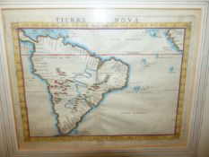 MAP: TWO EARLY ITALIAN HAND COLOURED MAPS, SOUTH AMERICA AND A SPANISH ISLAND, 121 x 27cms