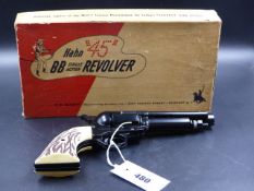 A RARE HAHN 45 BB SINGLE ACTION CO2 POWER AIR PISTOL COMPLETE WITH ORIGINAL BOX.