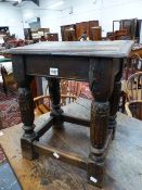 A 17th.C.AND LATER OAK JOINT STOOL TOGETHER WITH A SIMILAR LATER EXAMPLE. 44 x 28 x 48cms AND 41 x