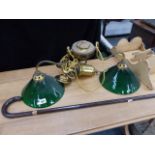 A VINTAGE BRASS HANGING LIGHT WITH TWO GREEN GLASS SHADES, A COROMANDEL WALKING STICK WITH GOLD